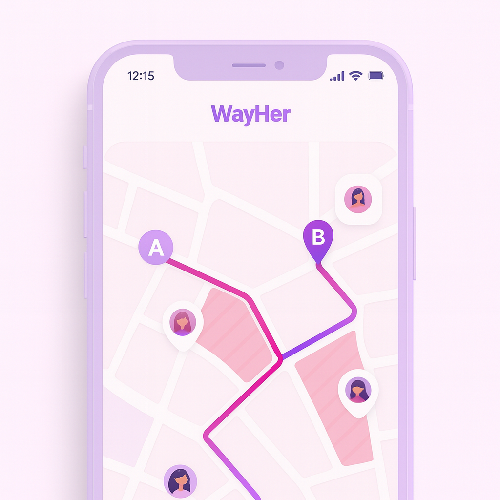 Aplicación WayHer mostrando ruta segura que evita zonas peligrosas